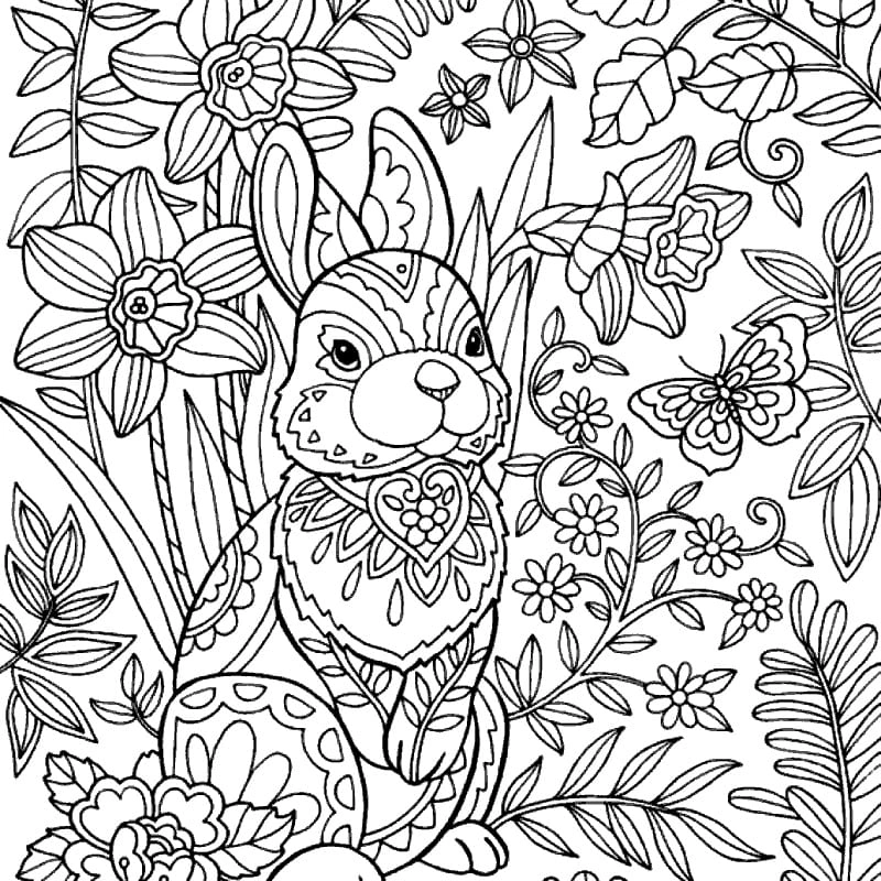 Anti-stress rabbit among spring flowers coloring page